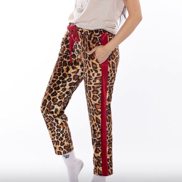 Solstice Intimates Kitty Leopard Print Velvet Track Pants Size M - Picture 1 of 4